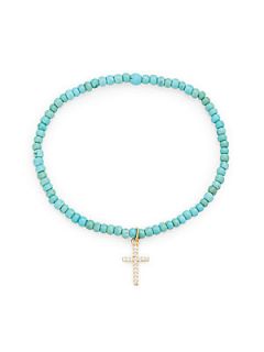 Turquoise Bead Cross Charm Bracelet   Turquoise