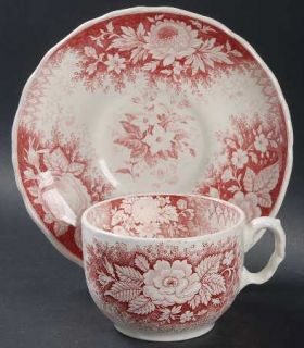 Old Waller Owp1 Flat Cup & Saucer Set, Fine China Dinnerware   Pink Multimotif F