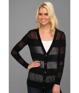 Halston Heritage Long Sleeve Deep V Striped Button Down Cardigan Womens Long Sleeve Button Up (Black)