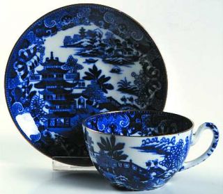 Spode Two Temples Flat Cup & Saucer Set, Fine China Dinnerware   Blue Oriental D