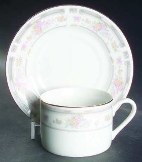 Farberware Southampton (White Body) Flat Cup & Saucer Set, Fine China Dinnerware