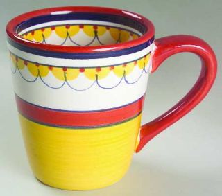 Pier 1 Del Sol Mug, Fine China Dinnerware   Red,Yellow,Blue Bands & Dots