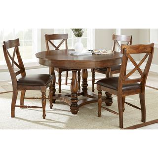 Wyatt Old World 5 piece Dining Set (Solid birch wood/faux leatherFinish Weathered brownUpholstery color BrownSeat dimensions 19.5 inches wide x 19 inches deepTable dimensions 30 inches high x 54 inches wide x 54 inches deepChair dimensions 40 inches 