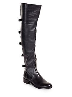 Valentino Bow Trimmed Leather Over The Knee Boots   Black