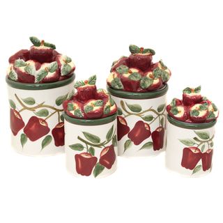 Casa Cortes Country Apple Collection Deluxe 4 piece Canister Set (White, red, greenStorage Capacity Set includes 24 , 40 , 64  and 96 oz. canisters Beautiful 3 dimensional apple lids Hand painted by expert craftsmen Fine glazed ceramic Hand wash onlyEach