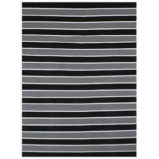 Black/ Grey Striped Outdoor Reversible Patio Rug