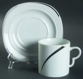 Mikasa Palomar Flat Cup & Saucer Set, Fine China Dinnerware   Gray/ Black Rim De