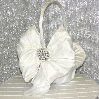 White Crystal And Pearl Flower Girl Basket (White Materials Silk, lace, and crystal Dimensions 12 inches high (with handle) x 8 inches wide )