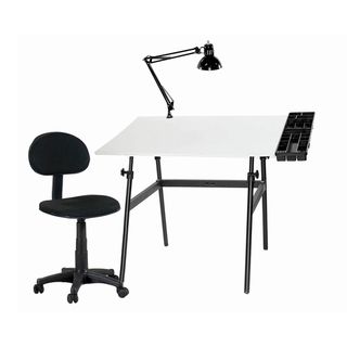 Offex Berkeley Four piece Drafting Table Set (Black chair, white table top Dimensions 44 inches x 32 inches x 11 inchesTable height from 29 inches to 53 inches Top surface 30 inches x 42 inches Model OF U DS14042B Assembly required  )