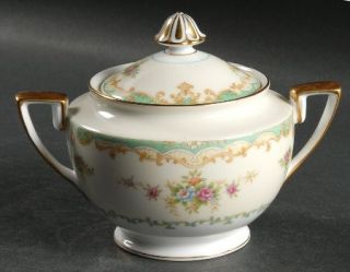 Noritake Floralia Sugar Bowl & Lid, Fine China Dinnerware   Green Border,Scrolls