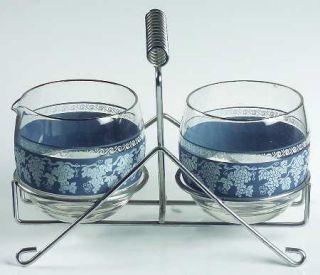 Colony Col35 Creamer & Sugar W/Metal Stand   White Grapes On Blue, Platinum Trim