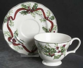 Charter Club Winter Garland Footed Cup & Saucer Set, Fine China Dinnerware   Red