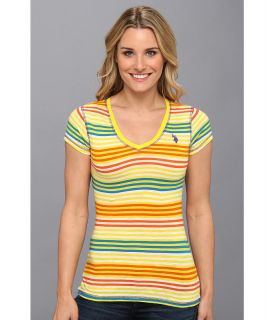 U.S. Polo Assn Cotton Slub Short Sleeve Multi Stripe V Neck T Shirt Womens T Shirt (Yellow)