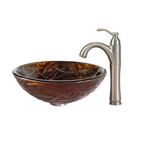 Kraus C GV 396 19mm 1005SN Nature Dryad Glass Vessel Sink and Riviera Faucet Chr