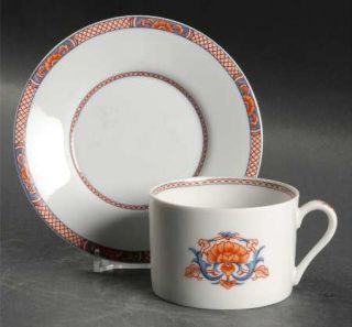 Fitz & Floyd Regency Flat Cup & Saucer Set, Fine China Dinnerware   Blue & Orang