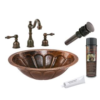 Premier Copper Products Sunburst Widespread Faucet Package (1.5 inches Non OverflowFaucet Mounting Counter Deck MountFaucet details Construction Solid brassFinish Oil rubbed bronzeDrip Free Ceramic Disc CartridgesOverall Width 14 inchesSpout Height 
