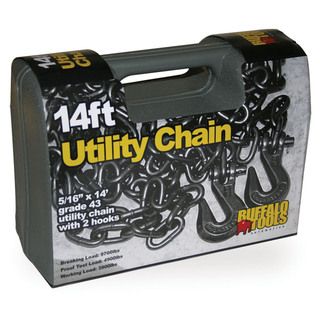 Buffalo Tools 14 foot Towing Chain (Metal chainGrade 43 utility chain with two hooksBreaking load 9700 poundsProof test load 4900 poundsWorking load 3900 poundsDimensions 5/16 inches wide x 14 feet long)
