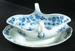 Meissen (Germany) Blue Onion (Oval Backstamp) Gravy Boat with Attached Underplat