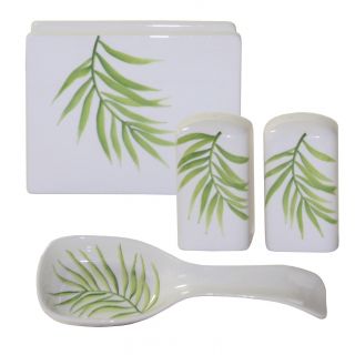 Corelle Bamboo Leaf Completer Set (Earthenware Napkin holder 5.5 inches long x 4.25 inches wide x 2.5 inches highSalt and pepper shakers Each 1.75 inches long x 1.75 inches wide x 3.25 inches highSpoon rest 8.75 inches long x 3 inches wide x 1 inch hig