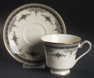 Minton Grasmere Blue Footed Cup & Saucer Set, Fine China Dinnerware   Blue Flowe
