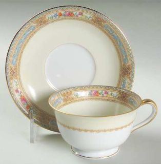 Noritake Gerome Footed Cup & Saucer Set, Fine China Dinnerware   Blue/Brown Band