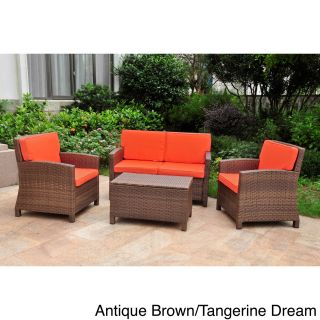 Lisbon Resin Wicker Outdoor Settee Group With Corded Cushions (set Of 4) (Merlot, dark chocolate, tangerine dream or aqua blueMaterials Powder coated steel/ resin wicker/ spun polyester fabric/ poly wrapped foam core fillingFinish Natural resin wicker f