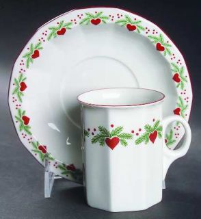 Porsgrund Hearts & Pines (Multisided) Flat Cup & Saucer Set, Fine China Dinnerwa