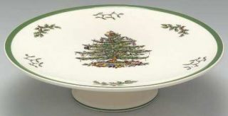 Spode Christmas Tree Green Trim Footed Cake Plate, Fine China Dinnerware   Newer