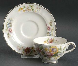 Grindley Kashmir Flat Cup & Saucer Set, Fine China Dinnerware   Pastel Flowers R