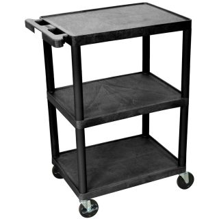 Luxor Black 3 shelf Heavy duty Utility Cart (BlackMaterials Polyethylene plasticNumber of shelves Three (3) shelves.25 inch lipShelf clearance 12 inchesWeight capacity 300 poundsFour (4) 4 inch casters (two with locking brake)Dimensions 24 inches wid