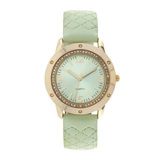 Womens Quilted Strap Stone Accent Watch, Green