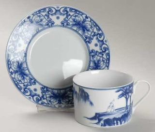 China(Made In China) Canton Blue Flat Cup & Saucer Set, Fine China Dinnerware  