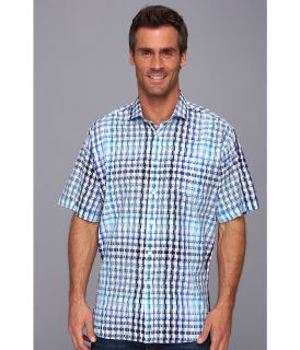 Thomas Dean & Co. Blue Satin Plaid S/S Button Down Shirt w/ Chest Pocket Mens Clothing (Blue)