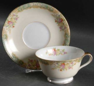 Noritake Mystery #39 Footed Cup & Saucer Set, Fine China Dinnerware   Green Edge
