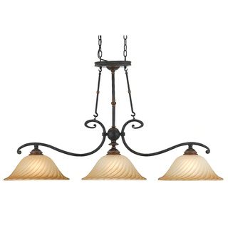 Quoizel Genova Island 3 light Chandelier (Steel Finish Stonehedge Number of lights Three (3) Requires three (3) 100 watt G40 medium base bulbs (not included) Dimensions 27 inches high x 50.5 inches deepShade dimensions 15 x 6Weight 20 poundsThis fixt