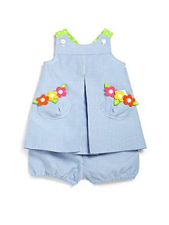 Florence Eiseman Infants Two Piece Seersucker Jumper & Bloomers Set   Blue