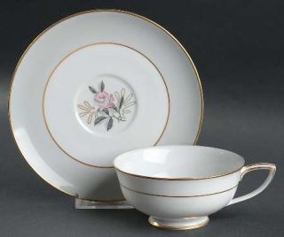 Noritake Lindley Footed Cup & Saucer Set, Fine China Dinnerware   Gray Rim, Pink