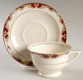 Edwin Knowles Regal Footed Cup & Saucer Set, Fine China Dinnerware   Maroon Bord
