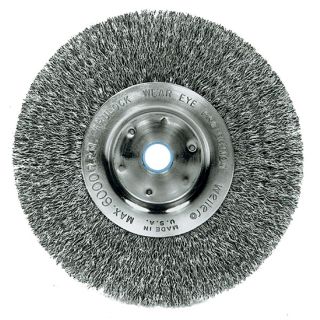 Trulock 6 inch Narrow face Crimped Wire Wheel (0.0140 inArbor Thread   TPI or Pitch5 /8   1/2 inchFace Width 3/4 inchFace Plate Thickness 7/16 inchTrim Length 1 7/16 inchSpeed 6000 rpm [Max]Applications Cleaning rust, scale and dirt, Light Deburring
