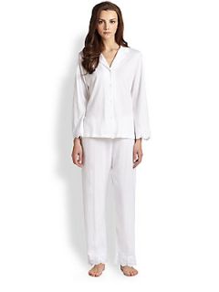 Oscar de la Renta Sleepwear Classic Notch Collar Pajama Set   White