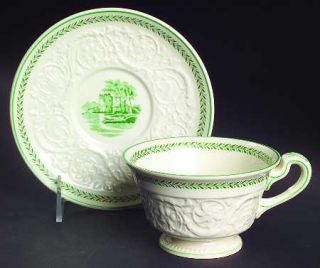Wedgwood Torbay Green Footed Cup & Saucer Set, Fine China Dinnerware   Patrician