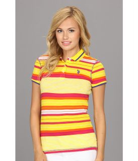 U.S. Polo Assn Multi Color Stripe Slub Polo Womens Short Sleeve Knit (Yellow)