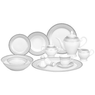 Lorren Home Trends 57 piece Porcelain Silver Accent Dinnerware Set (White with silver design borderMaterials PorcelainCare instructions Dishwasher safeService for Eight (8)Number of pieces in set 57Set includesEight (8) 10.5 inch dinner platesEight (