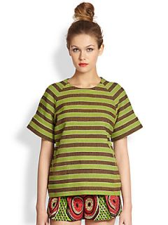 Stella Jean Short Sleeve Striped Woven Shirt   Green Brown