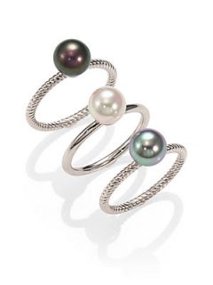 Majorica 8MM White, Grey & Tahitian Pearl Ring Set  