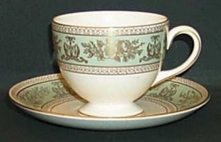 Wedgwood Columbia Sage Green Rim Leigh Shape Footed Cup & Saucer Set, Fine China