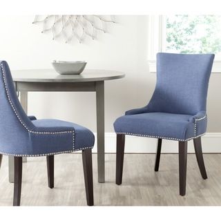 Safavieh Lester Light Denim Blue Chair (set Of 2) (Light denim blue Includes Two (2) chairsMaterials Iron, birch wood and viscose blend fabricFinish EspressoSeat dimensions 18.1 inches width and 18.1 inches depthSeat height 19.5 inchesDimensions 36.