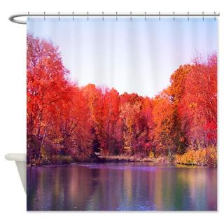  Autumn Pond with Rich Red Trees Shower Curtain  Use code FREECART at Checkout