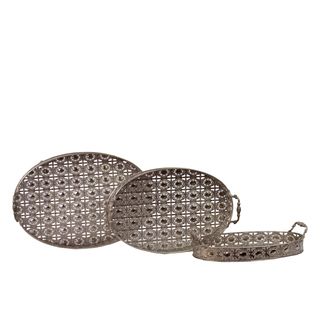 Metal Tray Set Of Three (MetalSmall size 15 inches wide x 9 inches long x 4.25 inches highMedium size 17.5 inches wide x 11 inches long x 4.25 inches highLarge size 19 inches wide x 12.5 inches long x 4.25 inches highFor decorative purposes onlyDoes no