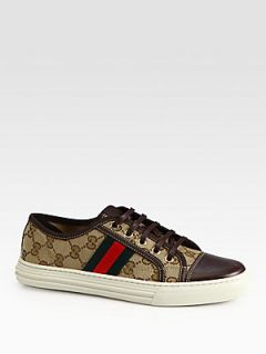 Gucci GG Canvas & Leather Lace Up Sneakers   Natural Light Brown